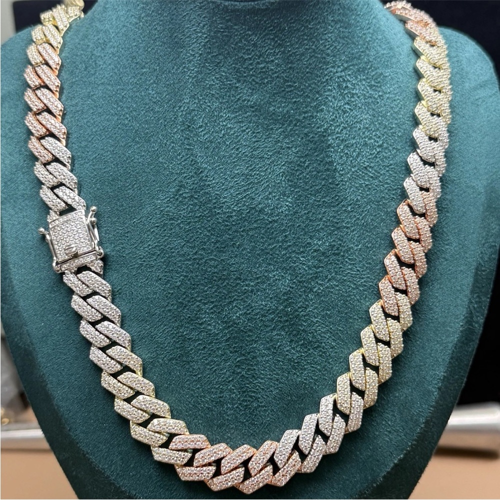 Huge .925 Sterling Silver 3-Tone CZ white, pink & yellow Cuban Chain Necklace